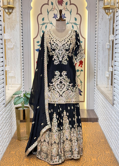 Black Party Wear Sharara Suit Set
