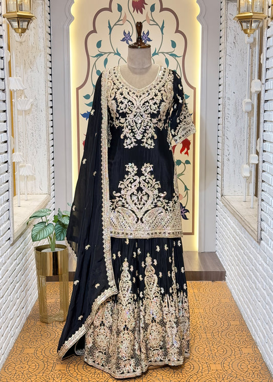 Black Party Wear Sharara Suit Set