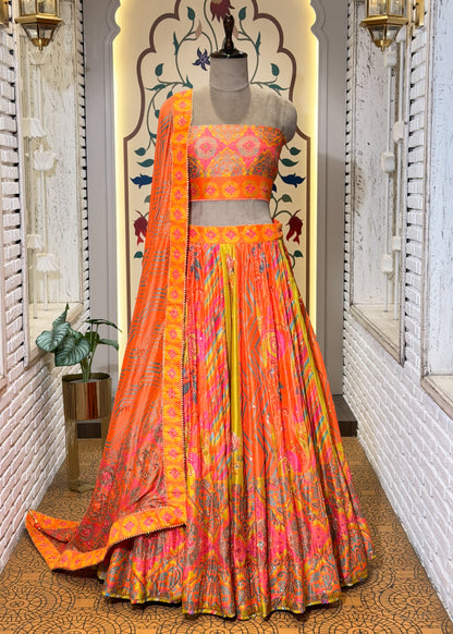 Neon Orange Hand Embellished Silk Lehenga with Unstitched Blouse