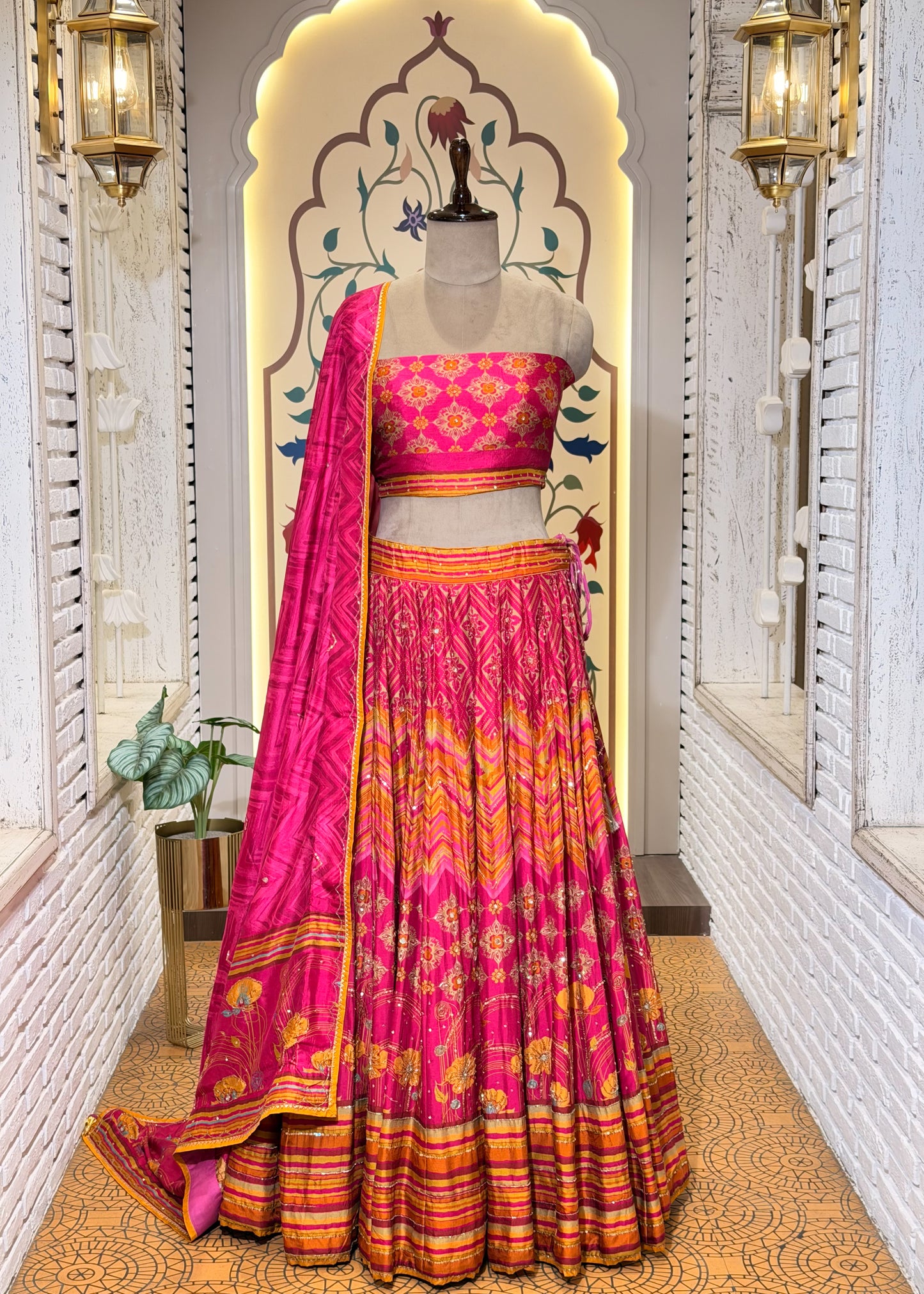 Rani Hand Embellished Printed Silk Lehenga with Unstitched Blouse
