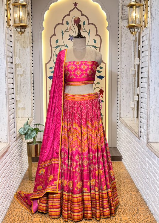 Rani Hand Embellished Printed Silk Lehenga with Unstitched Blouse