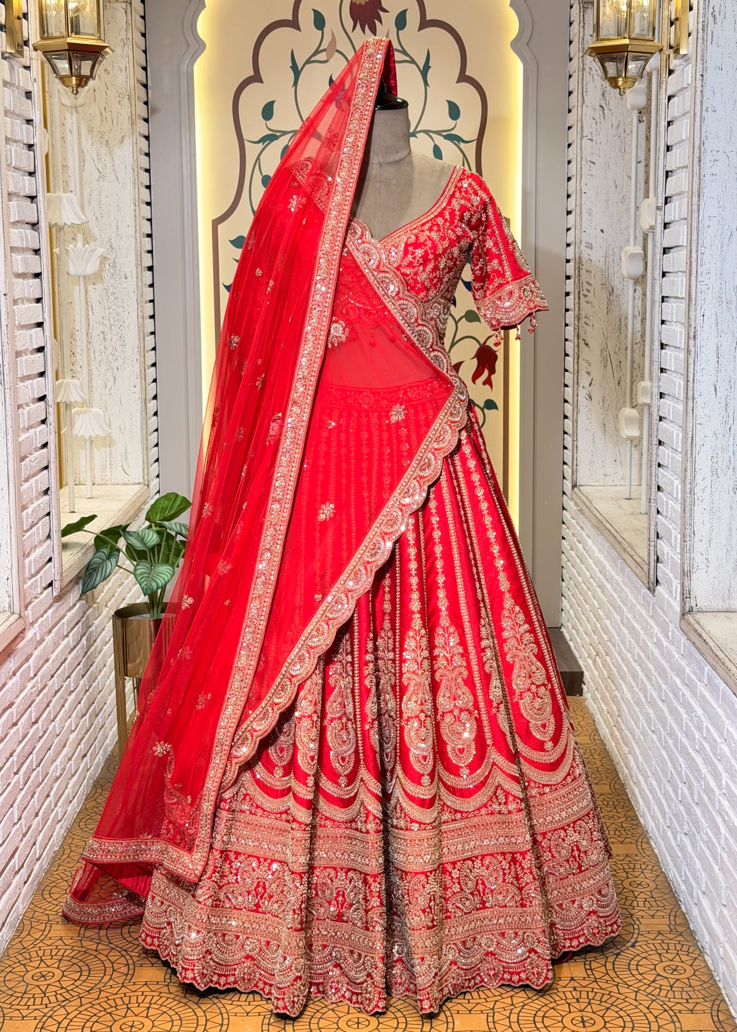 Red Bead Embroidered Kali Style Bridal Lehenga with Stitched Blouse & 2 Dupattas