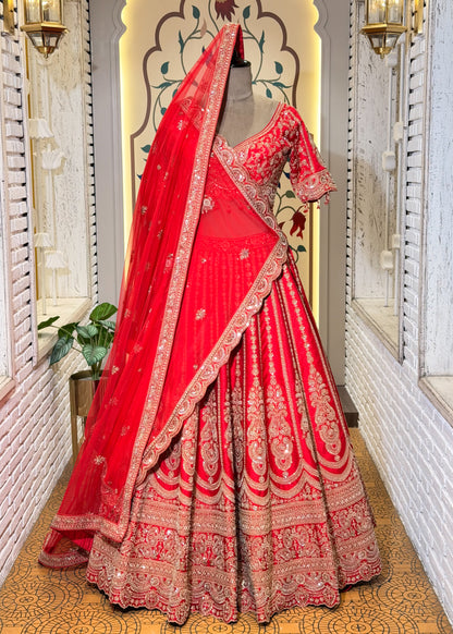 Red Bead Embroidered Kali Style Bridal Lehenga with Stitched Blouse & 2 Dupattas