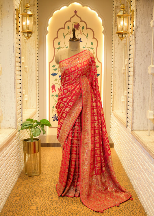 Kaveri Red Gharchola Saree with Unstitched Blouse