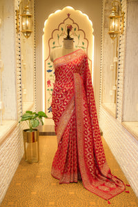Red Hand Embroidered Dola Silk Saree with Elephant Motifs and Unstitched Blouse