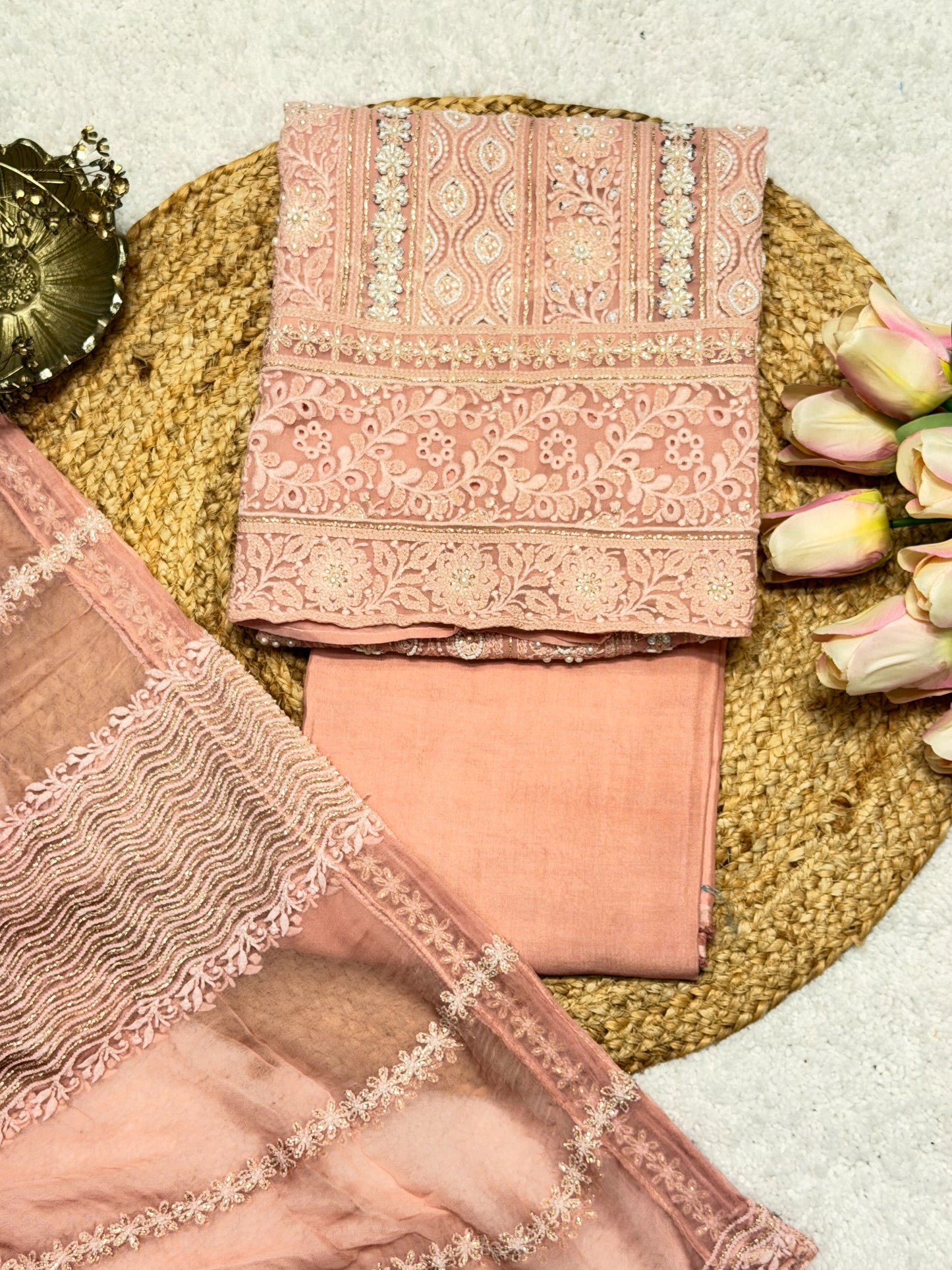 Heer Light Peach Chikankari with Moti Embroidered Suit Set