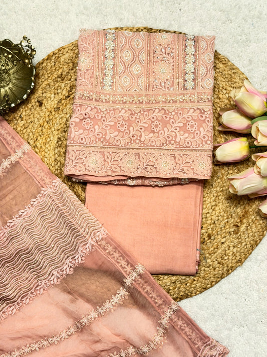 Heer Light Peach Chikankari with Moti Embroidered Suit Set