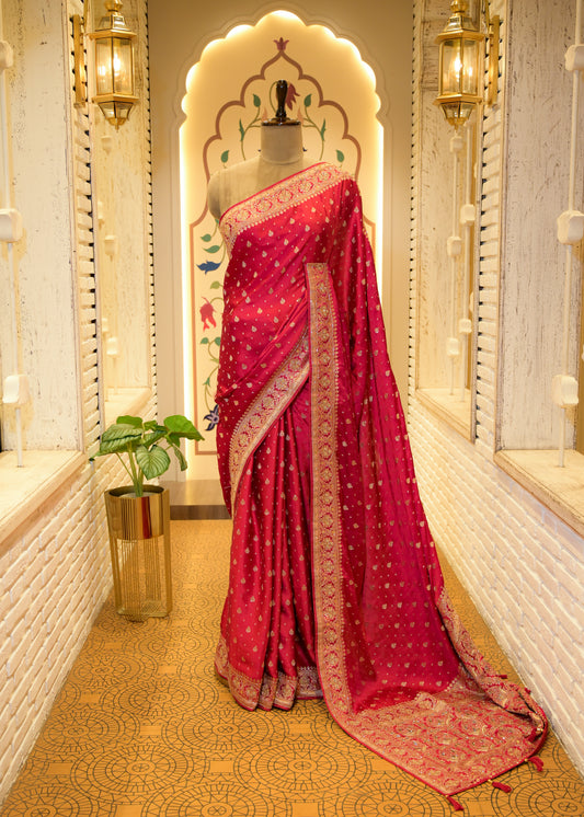 Pankhuri Booti Ruby Red Saree with Unstitched Blouse