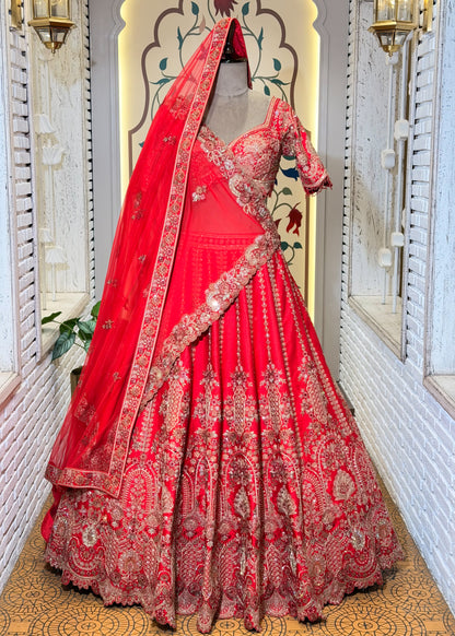 Red Bead Embroidered Mehrab Style Bridal Lehenga with Stitched Blouse & 2 Dupattas