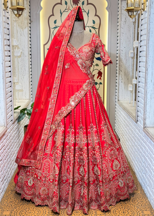 Red Bead Embroidered Mehrab Style Bridal Lehenga with Stitched Blouse & 2 Dupattas