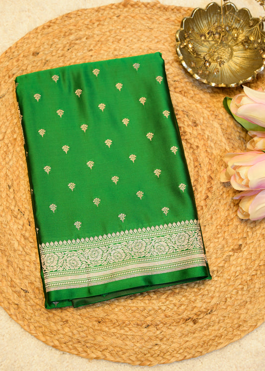 Green Banarasi Kattan Silk Booti Zari Border with Unstitched Blouse