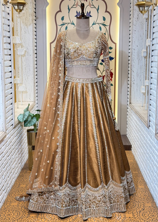 Mustard Mirror Embroidered Designer Lehenga with Full Sleeves Blouse