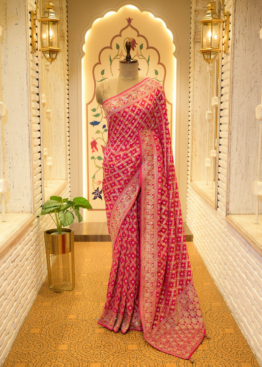 Gulbhaar Bandhani Rani Pink Saree Unstitched Blouse