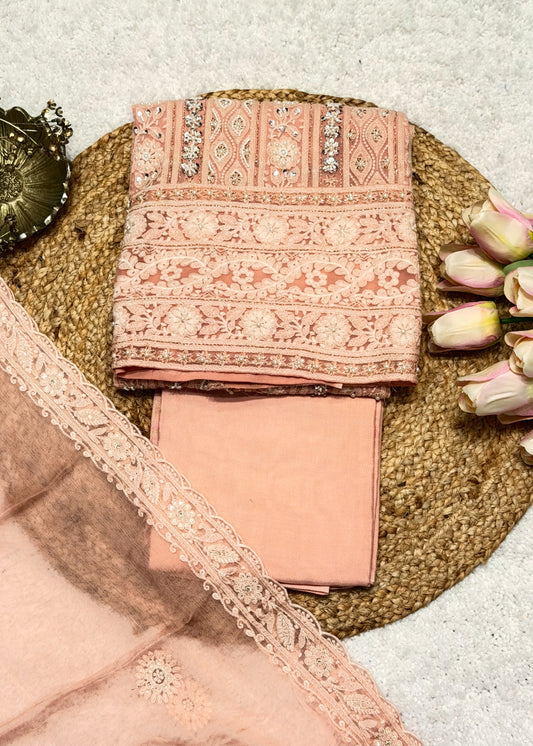 Heer Peach Chikankari with Moti Embroidered Suit Set
