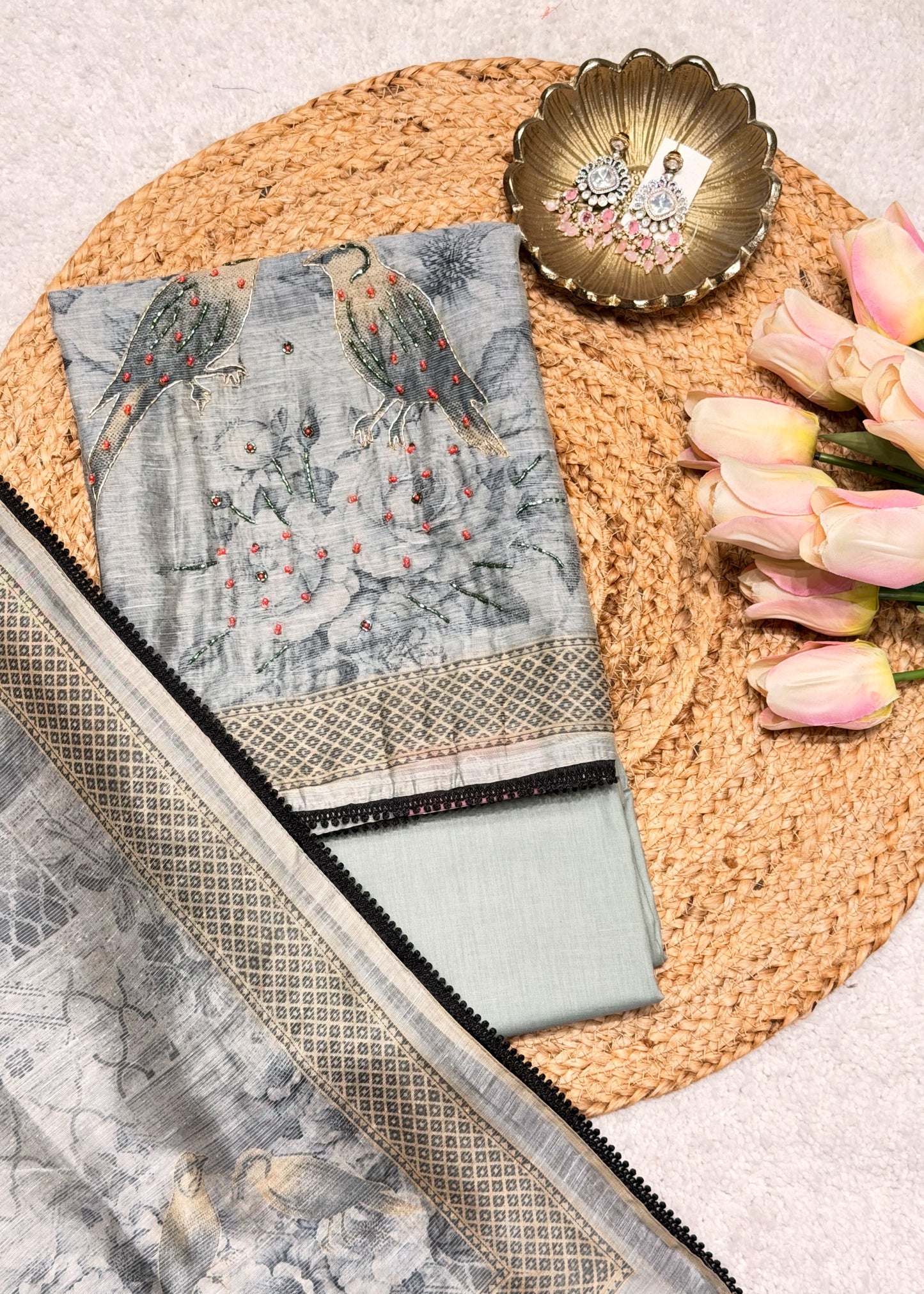 Mehraab Grey Printed Unstitched Suit Set