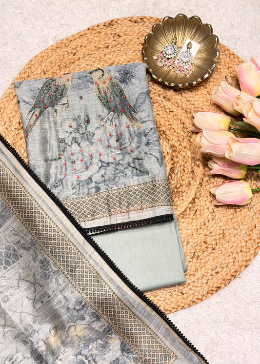 Mehraab Grey Printed Unstitched Suit Set