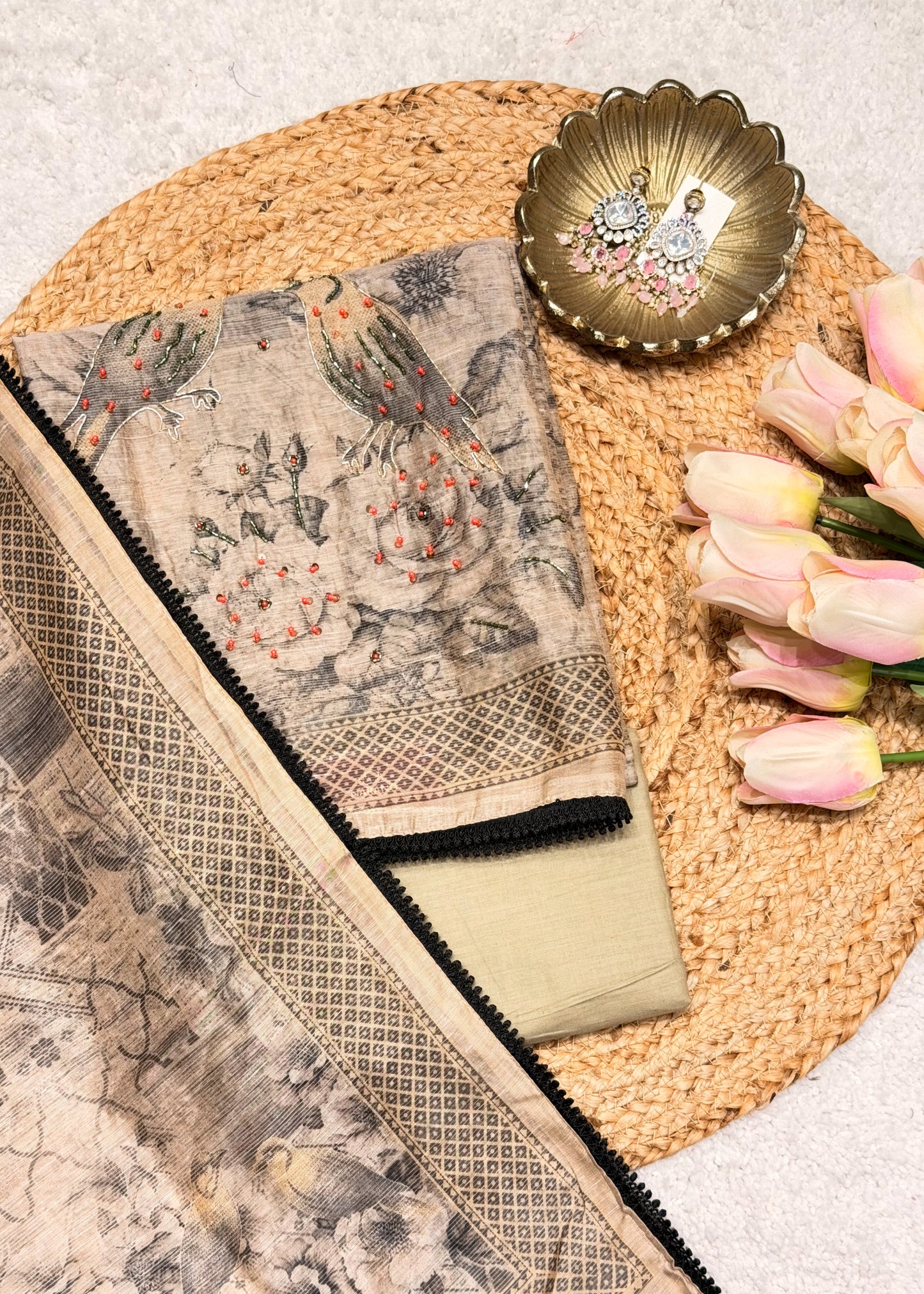 Mehraab Beige Printed Unstitched Suit Set