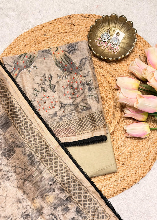 Mehraab Beige Printed Unstitched Suit Set