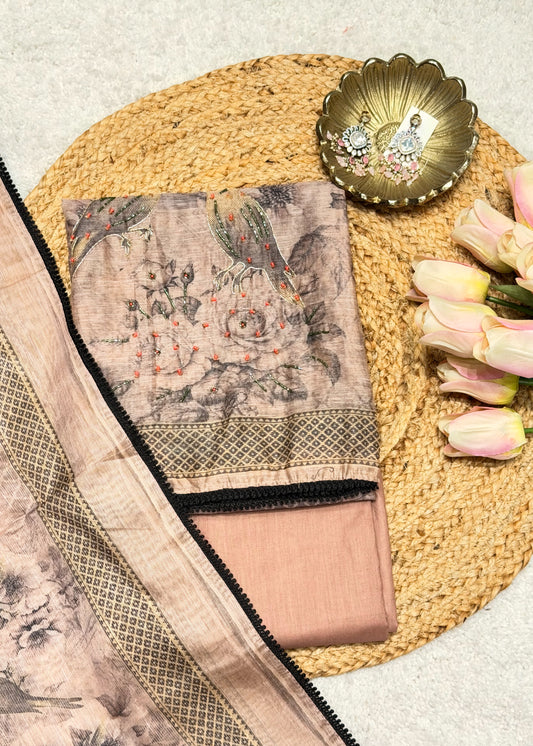 Mehraab Peach Printed Unstitched Suit Set