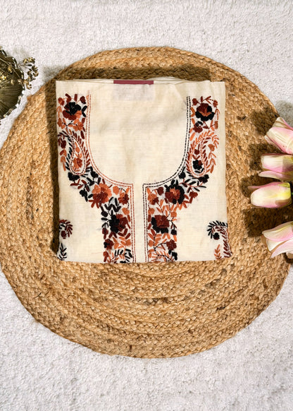 Ivory Chanderi with Brown Kantha Embroidery Unstitched Suit Set