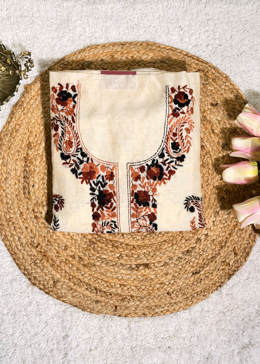 Ivory Chanderi with Brown Kantha Embroidery Unstitched Suit Set