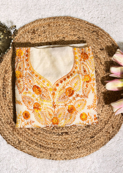 Ivory Chanderi with Yellow Kantha Embroidery Unstitched Suit Set