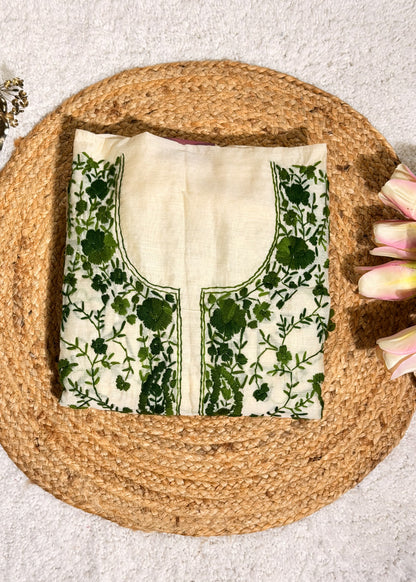 Ivory Chanderi with Green Kantha Embroidery Unstitched Suit Set