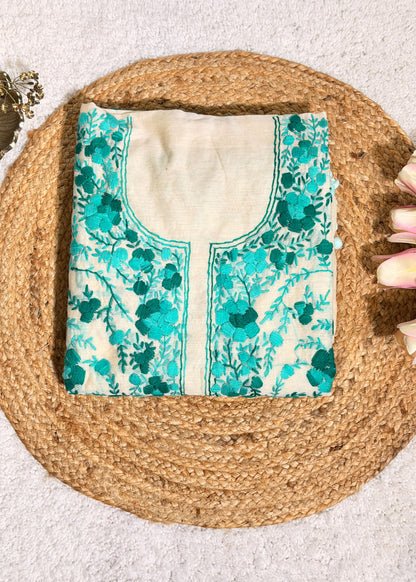 Ivory Chanderi with Firozi Kantha Embroidery Unstitched Suit Set