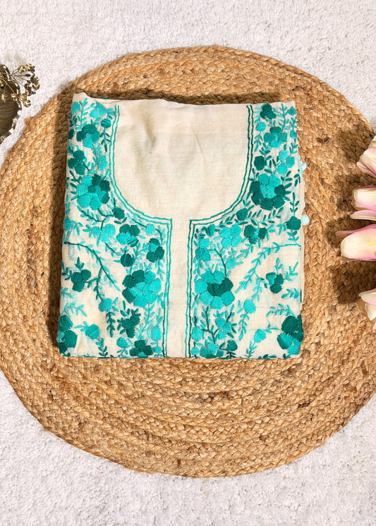 Ivory Chanderi with Firozi Kantha Embroidery Unstitched Suit Set