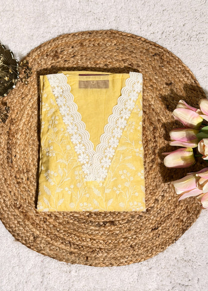 Yellow Chanderi Thread Embroidered Unstitched Suit Set