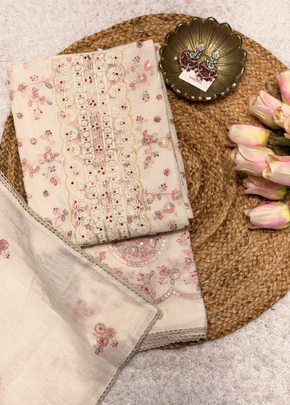 White & Pink Thread Embroidered Unstitched Suit Set