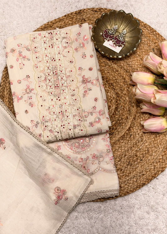 White & Pink Thread Embroidered Unstitched Suit Set
