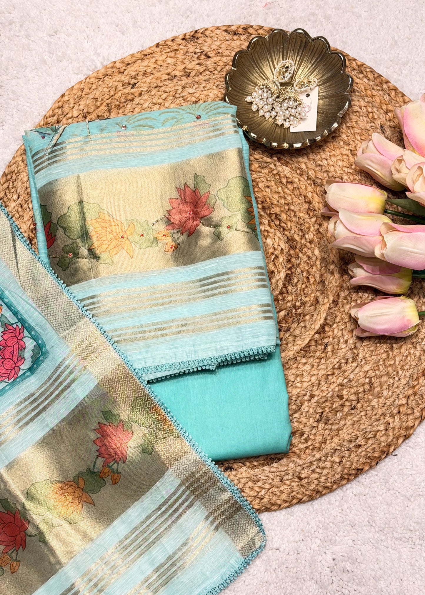 Sea Green Chanderi Floral Printed Unstitched Suit Set