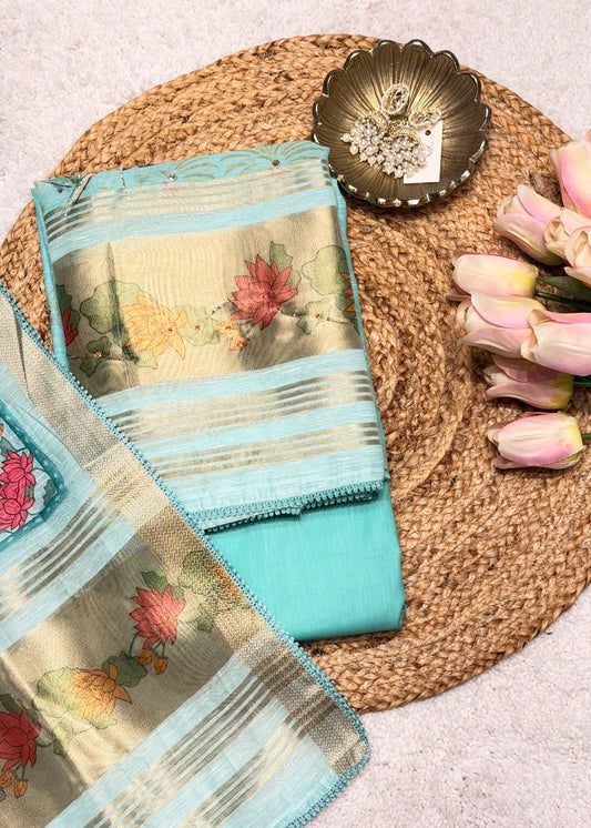 Sea Green Chanderi Floral Printed Unstitched Suit Set