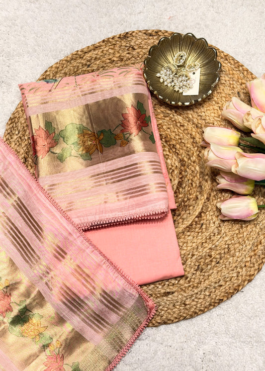 Pink Chanderi Floral Printed Unstitched Suit Set