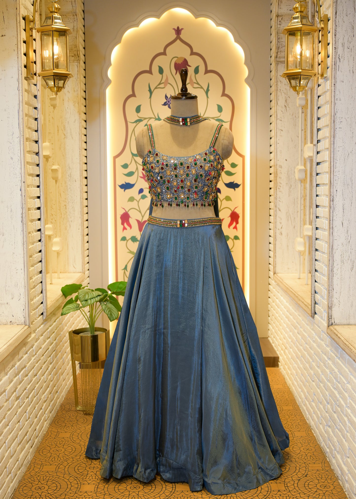 Tissue Blue Gemstone Crop Top Lehenga with Dupatta
