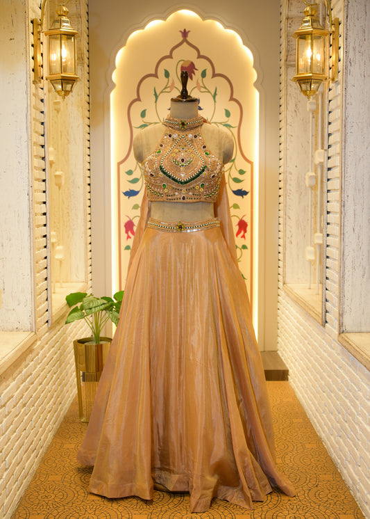 Tissue Golden Gemstone Halter Neck Top Lehenga with Dupatta