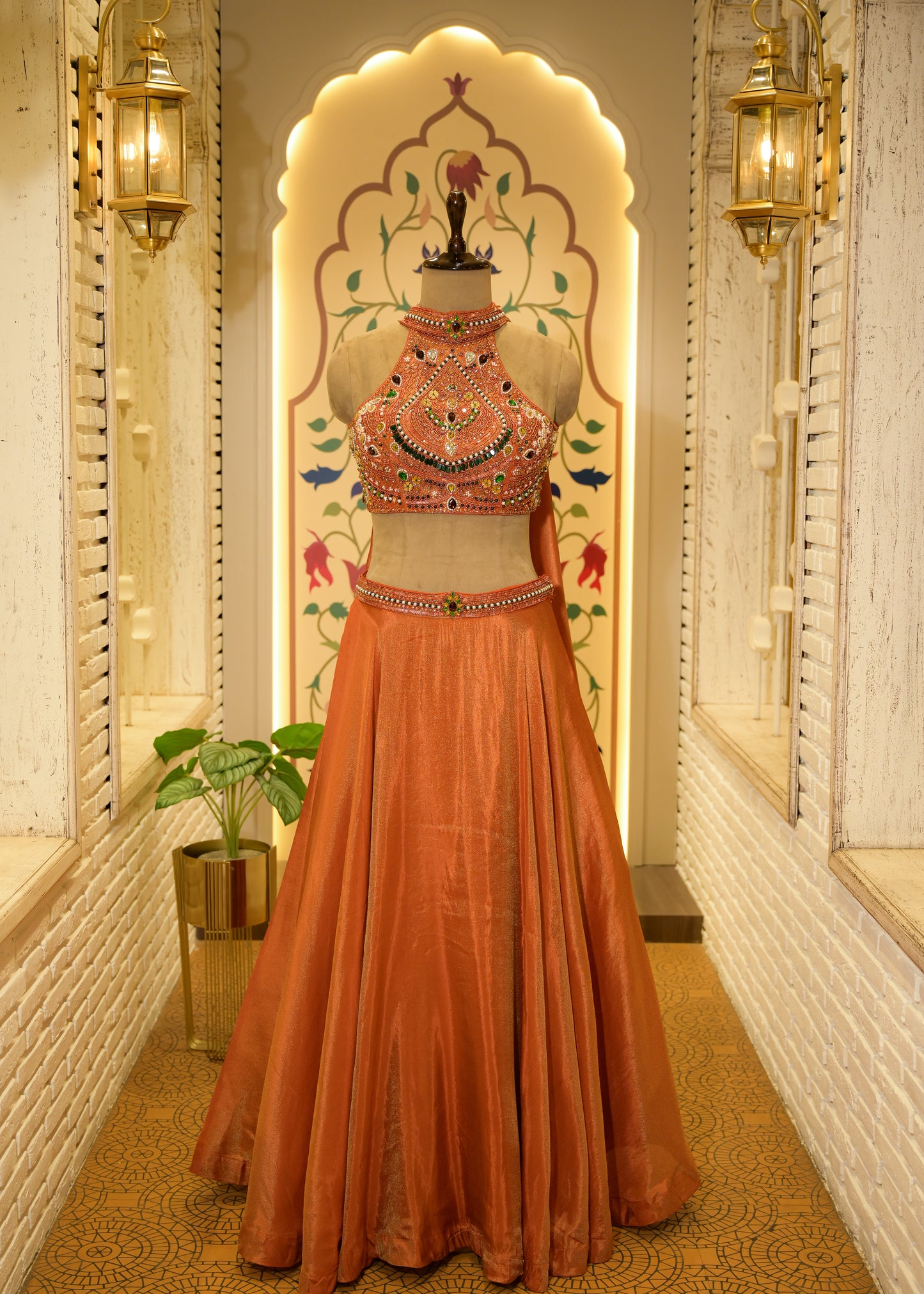 Fanta Orange Halter Neck Gemstones Crop with Skirt
