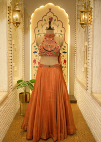 Fanta Orange Halter Neck Gemstones Crop with Skirt