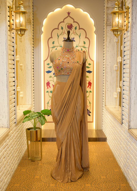 Zeenat Golden Gemstone Embroidered Pre Draped Saree