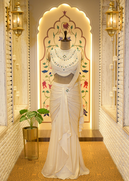 Paari White Pearl Embroidered Pre Draped Saree
