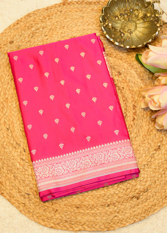 Rani Pink Banarasi Kattan Silk Booti Zari Border with Unstitched Blouse
