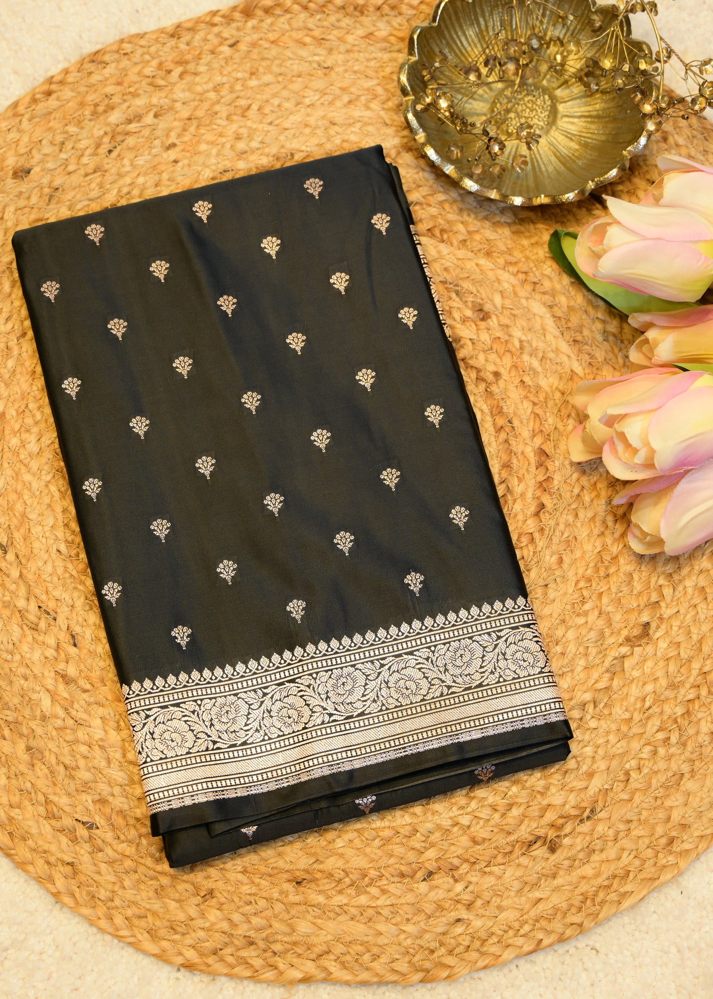 Black Banarasi Kattan Silk Booti Zari Border with Unstitched Blouse