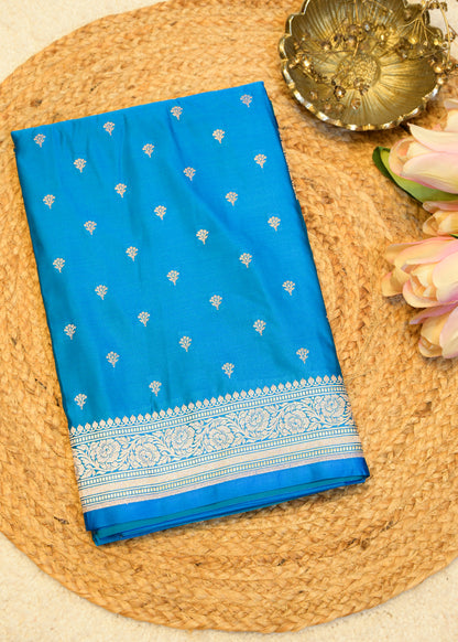 Blue Banarasi Kattan Silk Booti Zari Border with Unstitched Blouse