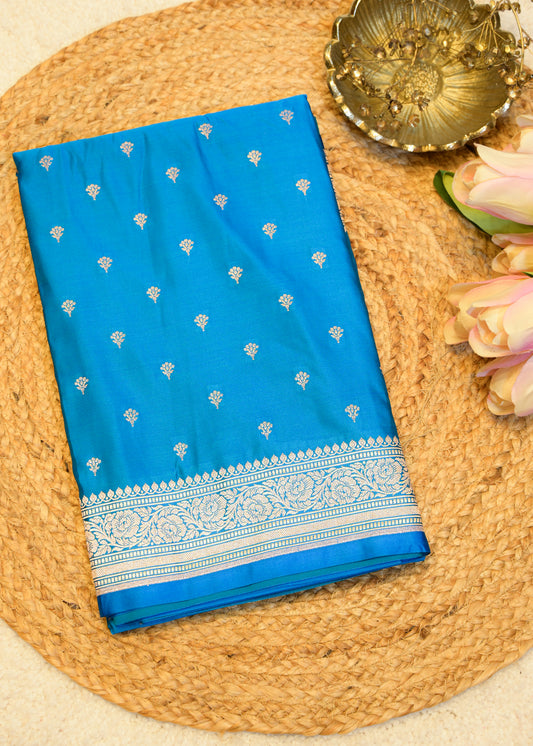 Blue Banarasi Kattan Silk Booti Zari Border with Unstitched Blouse
