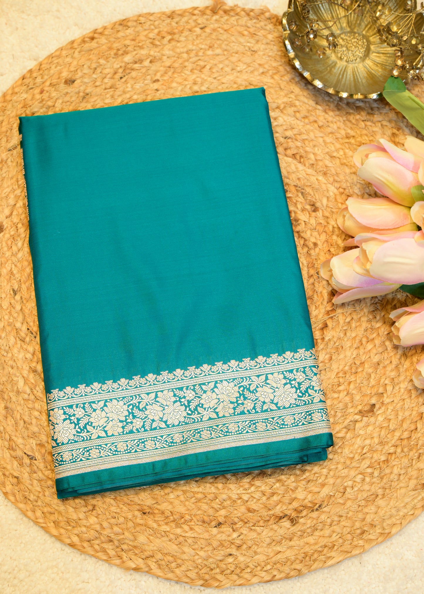 Sea Blue Banarasi Kattan Silk Zari Border with Unstitched Blouse