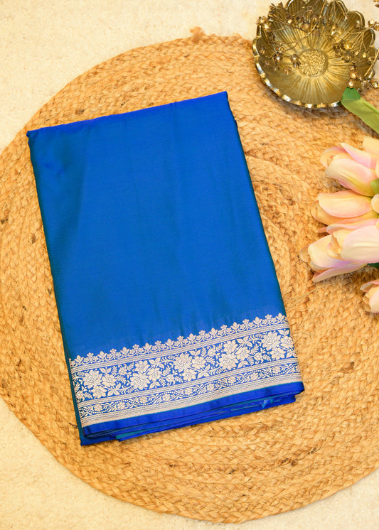 Peacock Blue Banarasi Kattan Silk Zari Border with Unstitched Blouse
