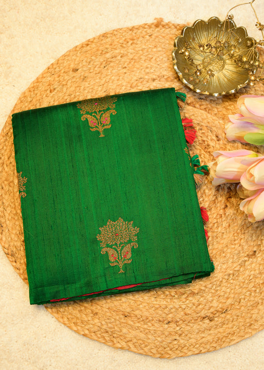 Emerald Green Raw Silk Neem Zari Boota Saree with Unstitched Blouse