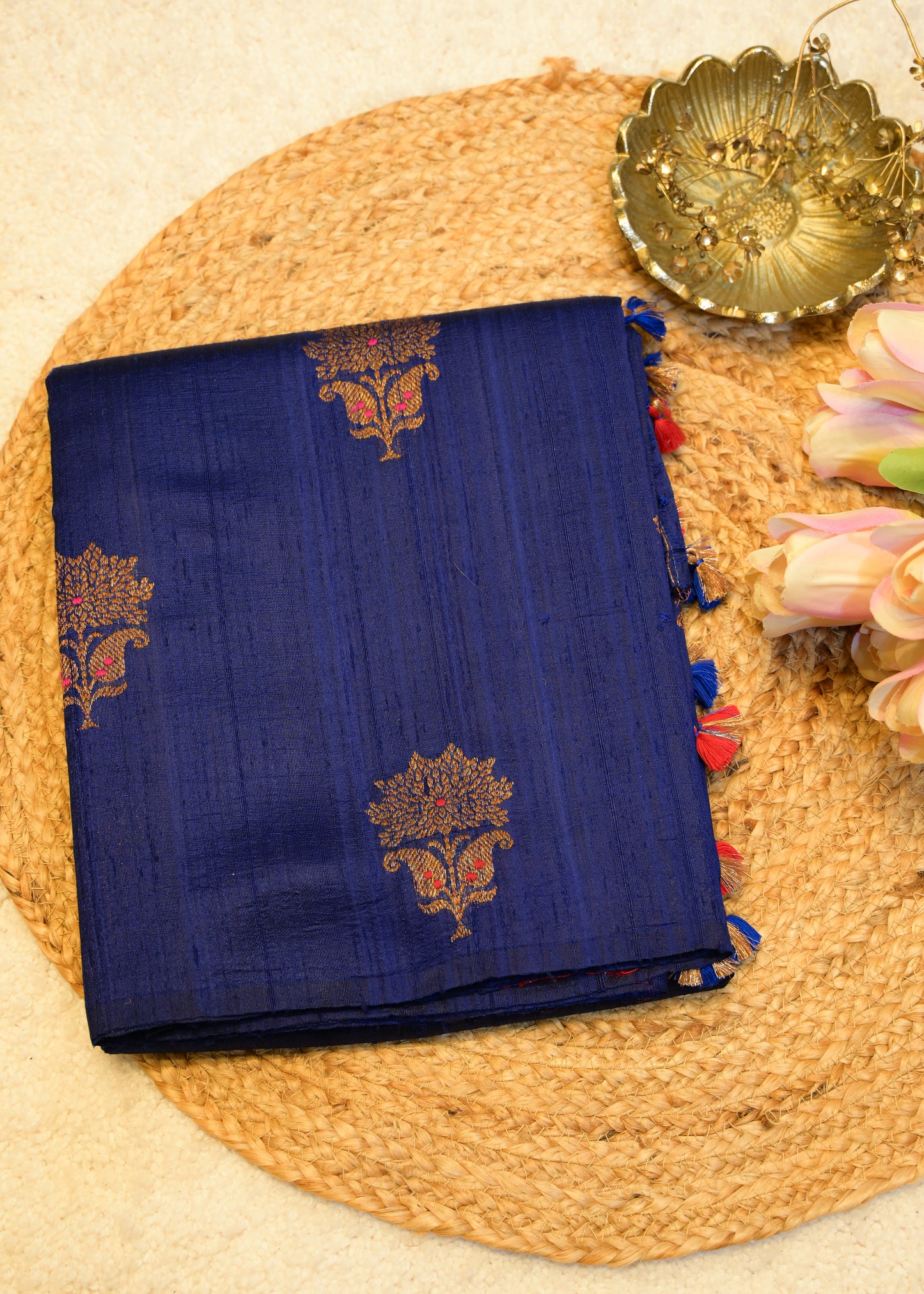 Blue Raw Silk Neem Zari Boota Saree with Unstitched Blouse