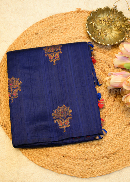 Blue Raw Silk Neem Zari Boota Saree with Unstitched Blouse